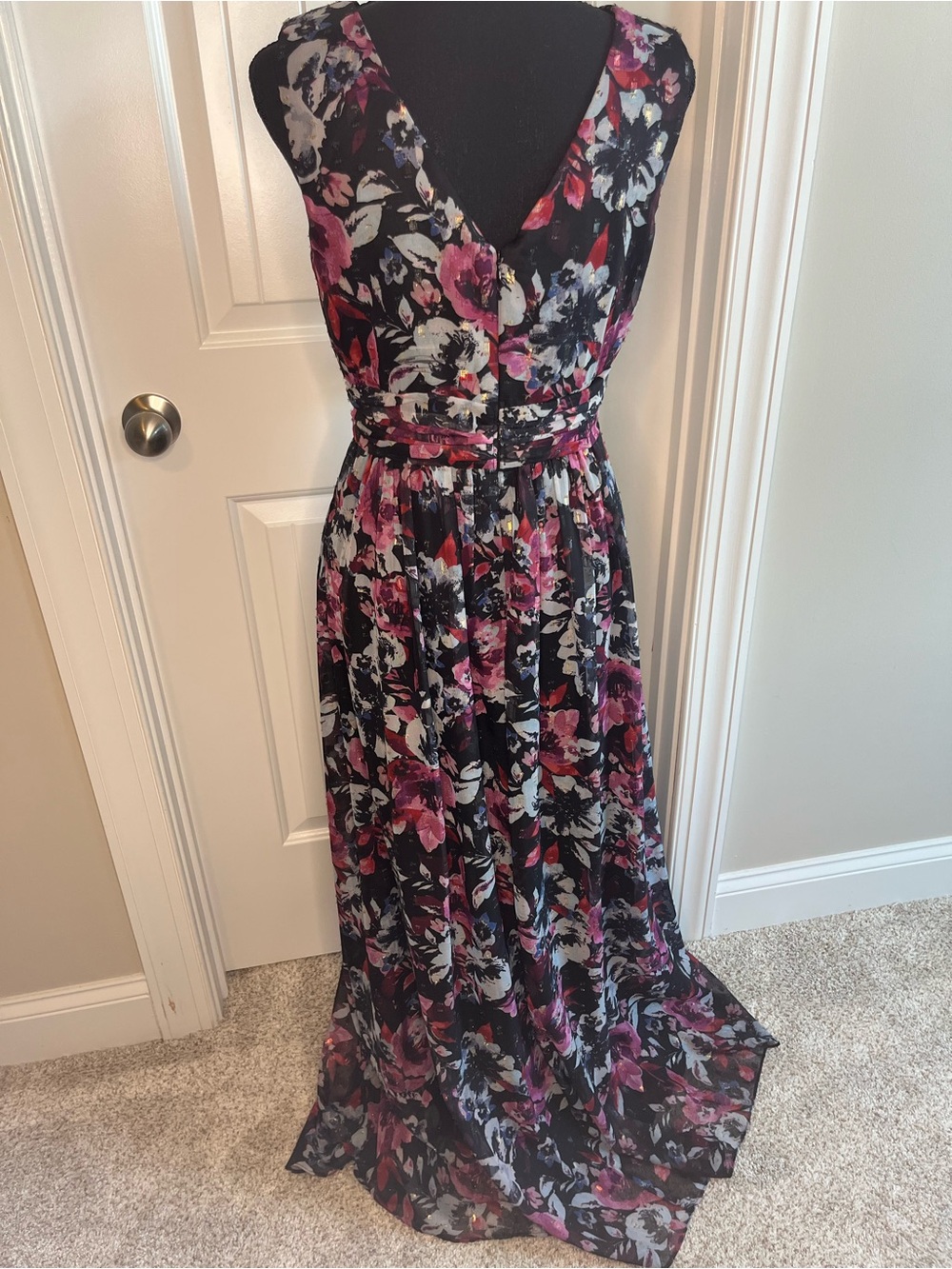 alex & eve Black Maxi Dress with Pink & Grey Floral Print with Gold Accents - Picture 3 of 6